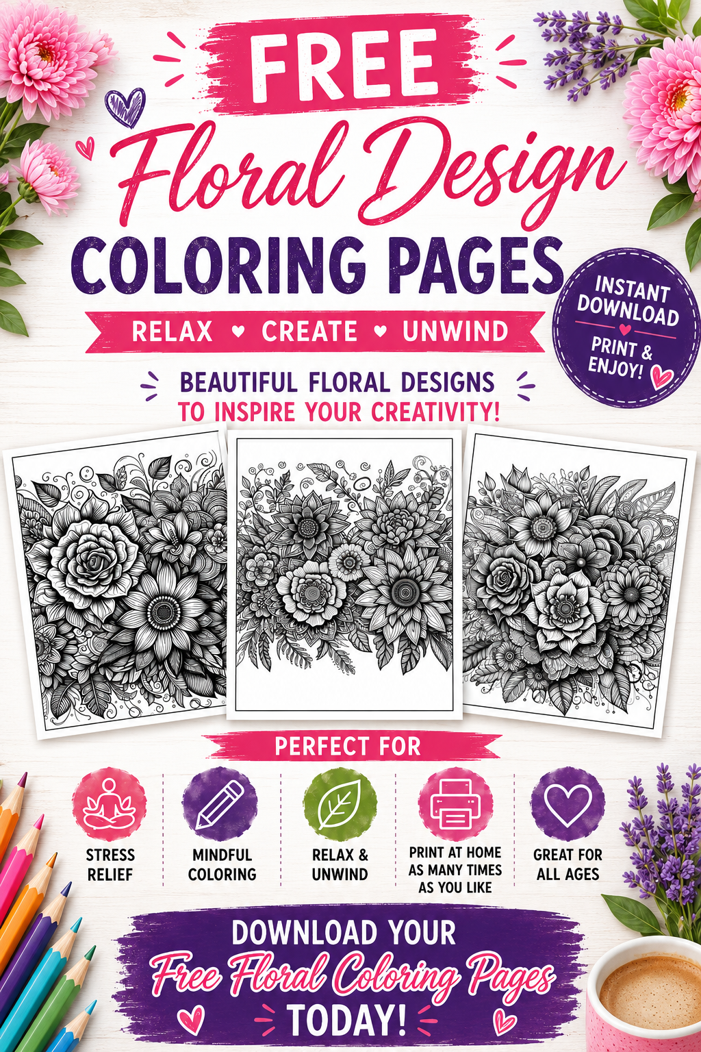 Free Floral Design Coloring Pages printable — PDF download